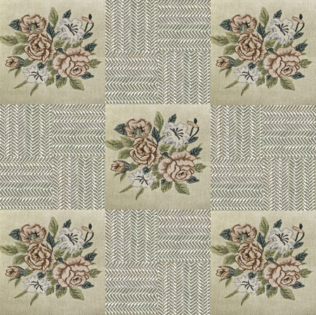 Collage of textile snippets digitally patched, project for a quilt beige and brown with stitched...