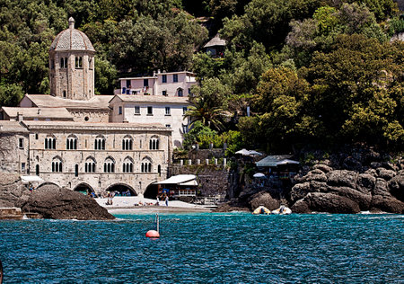 GENOA, ITALY- The  breathtaking bay of San Fruttuoso near Genoa with the old abbey from 10th century. The bay is accessible only by a pedestrian path from the hill above or by seaのeditorial素材