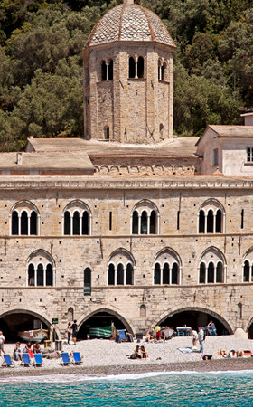 GENOA, ITALY- San Fruttuoso near Genoa, old abbey from 10th century on the Ligurian coast in a bay accessible only by a pedestrian path from the hill above or  by seaのeditorial素材