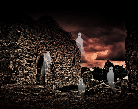 Abbey ruins and tombstones infested by Halloween ghosts