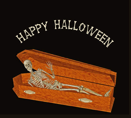 Happy Halloween: skeleton raises from coffin to greet, 3D renderingの写真素材