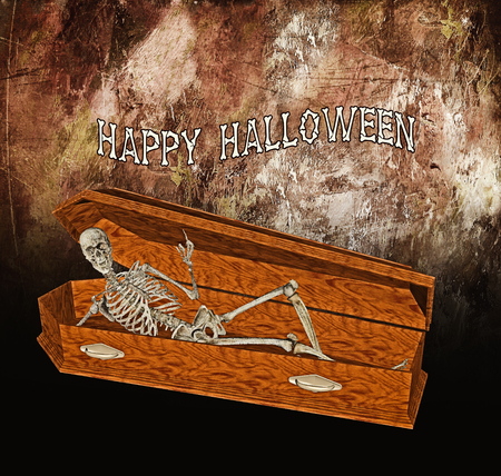 Happy Halloween: skeleton raises from coffin and makes an irreverent gesture to greet, 3D renderingの写真素材