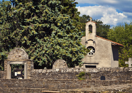 Muggia Vecchia, Italy, old graveyard entrance wall and chapelの写真素材