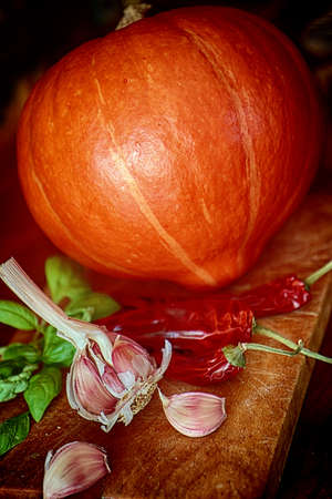 Hokkaido pumpkin, chili peppers, garlic and basil: the ingredients of a delicious seasonal soupの写真素材