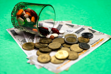 This image is about many Pills on the floor with Indian toy rupees and coinsの写真素材