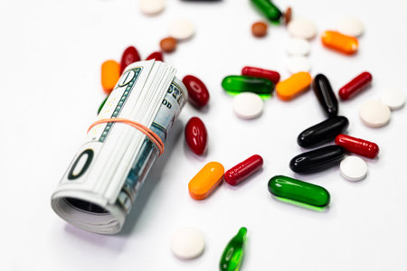 A close-up photo of a colorful bundle of pills and cash dollars held together by a rubber band on a white background. The pills are a variety of colorsの写真素材