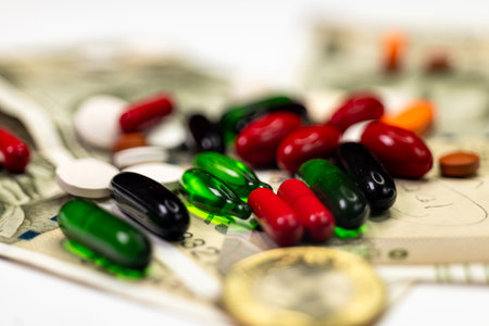 A closeup shot of Indian 500 rupees with colorful pills on top and a 10 rupees coin in the foreground. The pills are a variety of colors and sizes,の写真素材