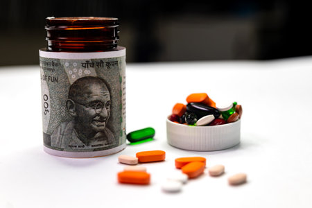 A close-up photo of five 500-rupee Indian banknotes covered up on a glass bottle with pills on the cap and floor.の写真素材