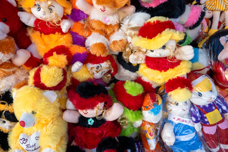 Top angle shot A lot Colorful Lot of Soft Toys Displayed for Kids Stock Photoの写真素材