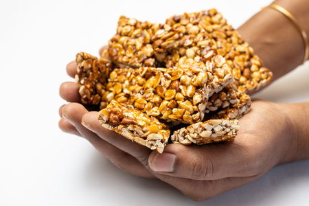 This image is about Women Holding chikki peanut Bar in both hand - stock photoの写真素材