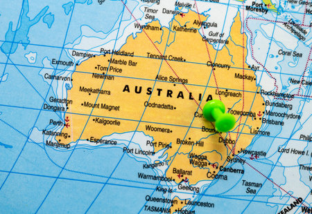 This stock image shows the location of Australia on a world map