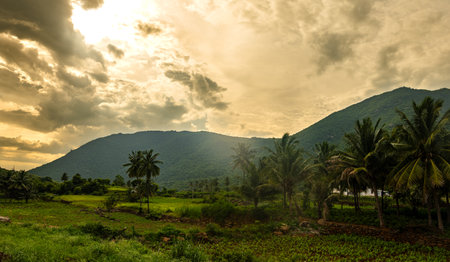 A stunning landscape of a lush green farmland with a mountain range in the background and a...