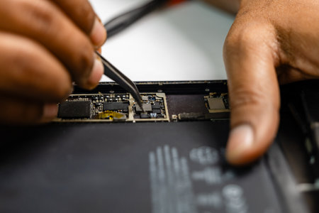 An image of a focused technician meticulously repairing a tablet