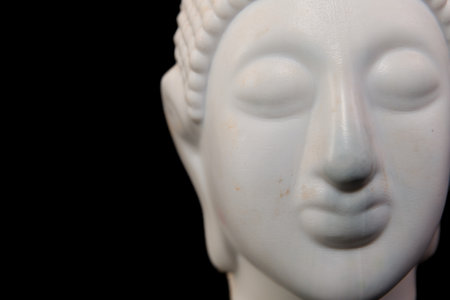 White buddha statue on black background, closeup of headの写真素材