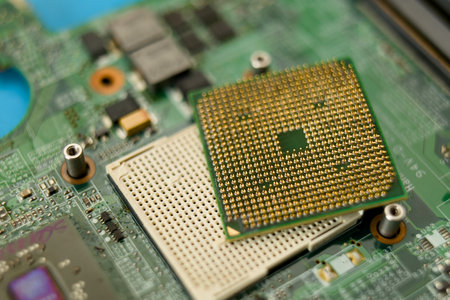 Close-up of a computer CPU on a green motherboard, highlighting technology and digital concepts.の写真素材