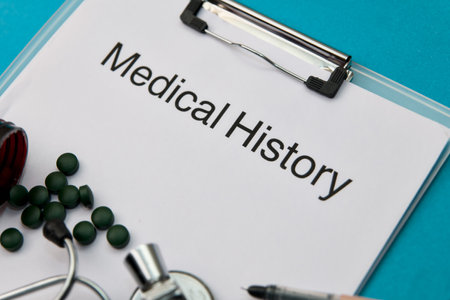 Blank medical history form with pills and stethoscope. Copy space for your text.の写真素材