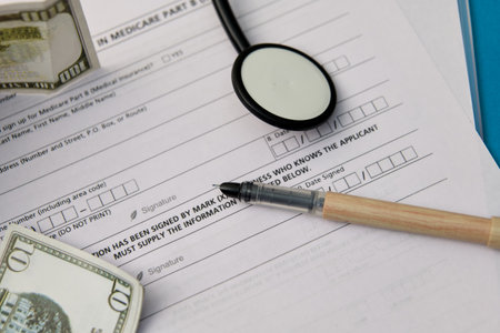## Description:  Healthcare enrollment form, stethoscope, and cash - symbolizing rising medical costs & insurance choices.の写真素材