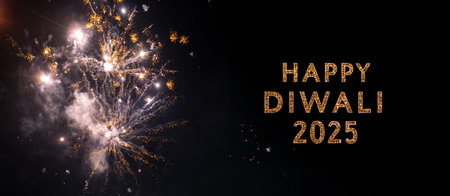 Sparkling gold "Happy Diwali 2025" text against a backdrop of vibrant fireworks. Celebrate the festival of lights!の写真素材