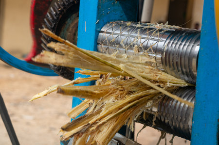 Fresh sugarcane stalks being crushed in a traditional mill, extracting juice for sweet treats.