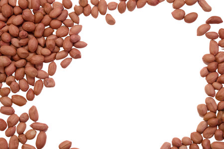 Peanuts are scattered on a white surface, creating a natural and earthy visual with focus on their texture.の写真素材