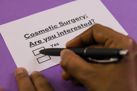 Hand fills out interest form for cosmetic surgery, checking yes option. Vibrant purple background...