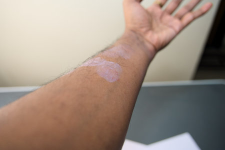 Close-up of a human arm showing skin with varied texture and color during the healing process, indicating care.の写真素材