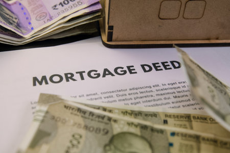 Close-up of a mortgage deed document with Indian currency notes on a table, indicating a financial...