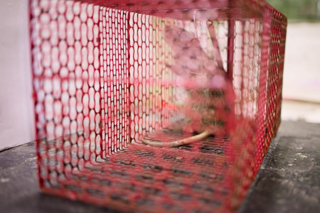 The trap is set in a garden to capture small animals like rodents or birds during the day for humane...