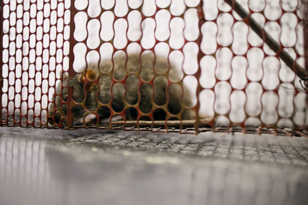 A small mouse is resting in a metal trap placed inside a home. The trap has a mesh design and is on...