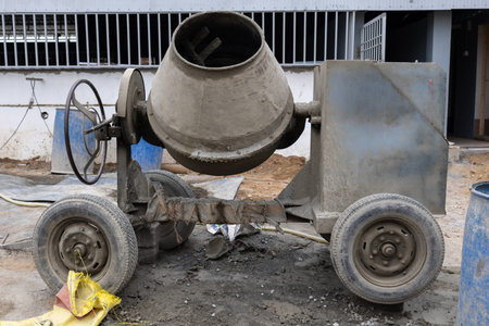 A concrete mixer sits on a construction site with wet concrete around it. It is a busy working day...