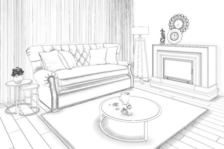 3d illustration. Sketch of a cozy beige livingroomの写真素材