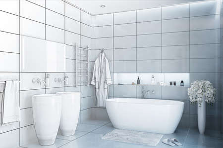 3d illustration. Gray modern bathroom transformed into a drawing