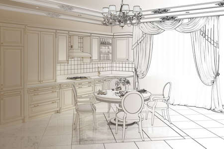 3d illustration. Sketch of kitchen turns into a real interiorの写真素材