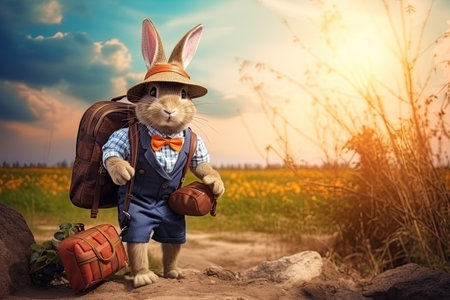 A fairy rabbit traveler in an elegant old-fashioned suit with a bow tie, a big backpack behind him, and a hat on his head stands on a blurred background of a blooming field with aの素材