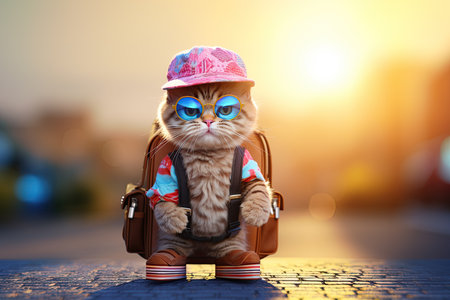 A cat traveler with cool, trendy clothes, blue glasses, a pink cap, high-colored platform shoes, and a brown, full-length backpack standing on cobblestones on a blurred street backの素材