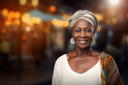 A smiling senior afro woman in a white shirt with a colorful scarf on her shoulders in a turban and large openwork earrings stands on a blurred background of an evening city with lの素材