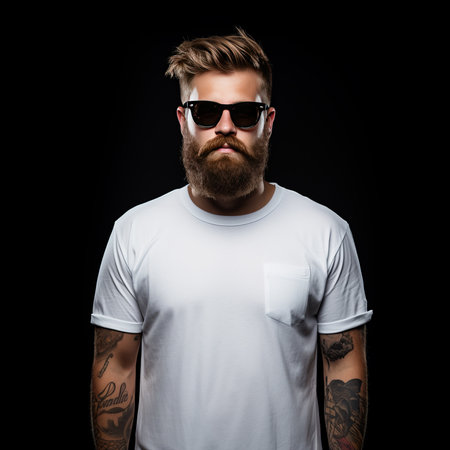 A young white man with a stylish hairstyle, a beard, a mustache, black glasses, a tattoo on his hands, and a white, blank T-shirt poses on a black background. Mock-up for design.の素材