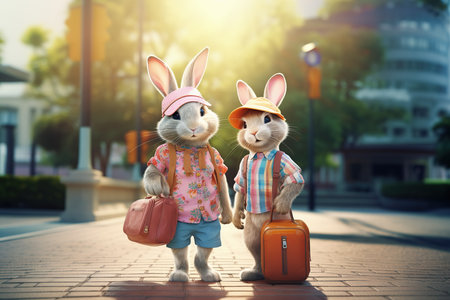Rabbit couple with travel bag on the road at sunset time.の素材