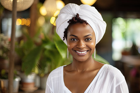 A smiling beautiful 30-year-old afro woman wearing a white turban on her head, metal earrings, and wearing a white blouse is standing on a blurred background of a restaurantの素材