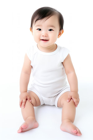 Cute smiled Asian one-year-old baby with dark hair, and brown eyes, sitting in a blank white bodysuit isolated on a white background. Mock-up for design. Blank template.の素材