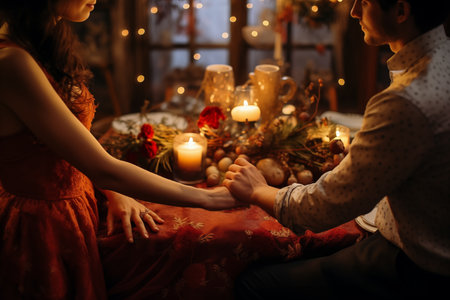 A couple of young people in love are holding hands in the background of a festive Christmas-decorated table with lit candles, burgundy tablecloth, a snowy window with a garland onの素材