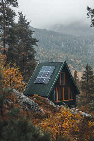 House with solar panels on the roof in the mountains in autumn.の素材