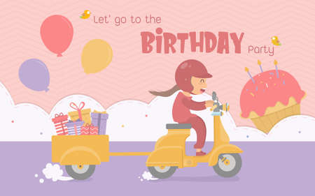 The girl is driving a scooter to a birthday party with a gift box and balloons.Vector illustrator.Party invitation card.Birthday party set cartoon.のイラスト素材