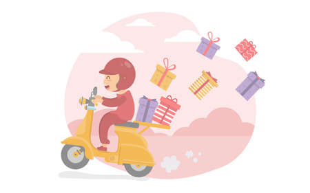 The boy is smiling and driving the scooter with a gift box. Many boxes, many colorsVector illustrator.Party invitation card.Birthday party set cartoon.のイラスト素材