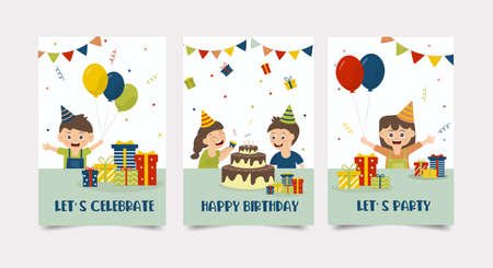 Children celebrate a birthday party. There are cakes placed on the table and gift boxes. With decorative balloons.Set card Happy birthday Vector illustration.