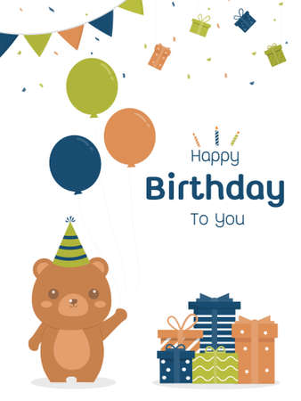 Cute cartoon bear with a balloon illustration birthday card. invitation card template. vector illustrator.のイラスト素材