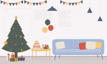 Vector illustration of party living room with Christmas tree, gifts, sofa, table,cake and balloons,A living room for organizing parties, birthdays, Christmas, New Year and other festivals.のイラスト素材