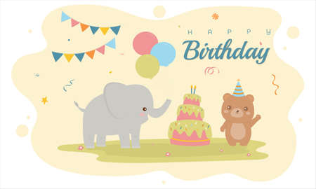 Vector illustration of Happy Birthday with cake decoration for greetings card. Set birthday Party cute animal bear, elephant design invitation. Colorful Card for kids cute template design.のイラスト素材