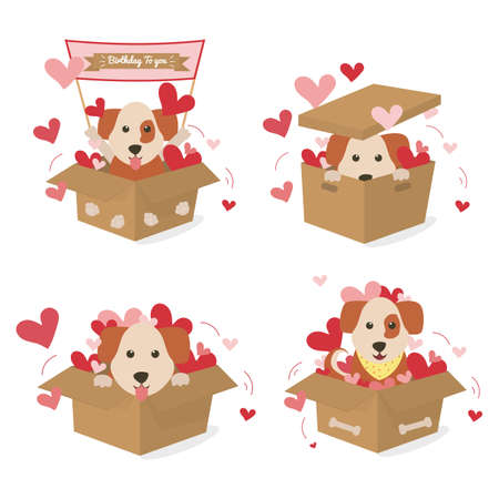 The character of cute dog sitting in the gift box with heart flat vector style. Cute Dog Smiling in Box. Homeless cute puppies searching new home. Birthday party.のイラスト素材