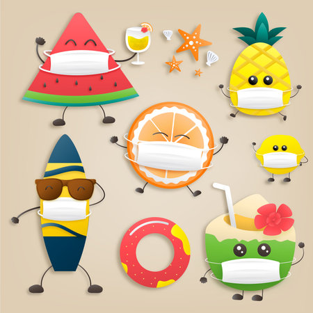 Set cute fruit cartoon design with vector watermelon, pineapple, orange, lemon, coconut, orange juice, surfboard, and swim ring characters. Colorful fruit summer vacation theme wearing medical masks. vector illustration.のイラスト素材